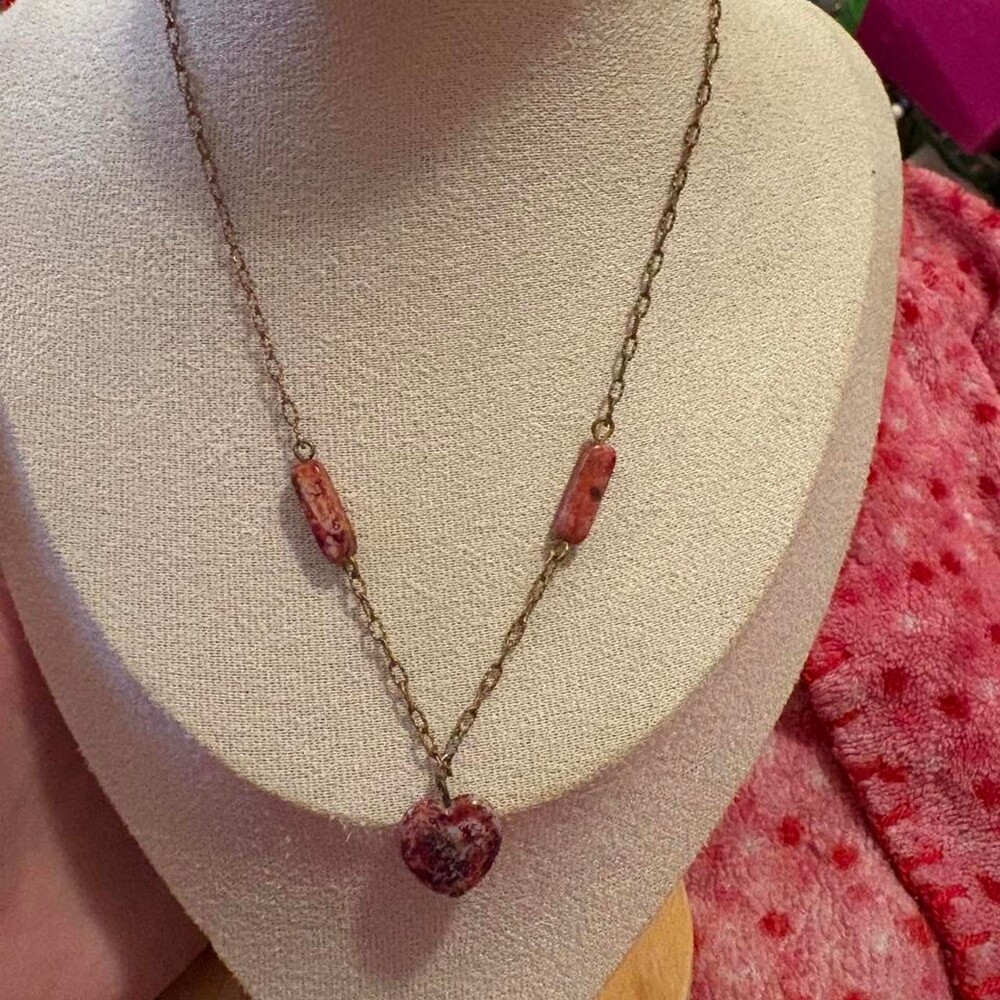 Red heart crystal pendant necklace with two red coral-like beads #heart #beads